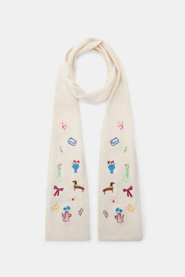 Zara EMBROIDERED KNIT SCARF - Ecru