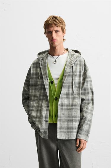 HOODED CHECK OVERSHIRT - Grey by Zara - Image 1