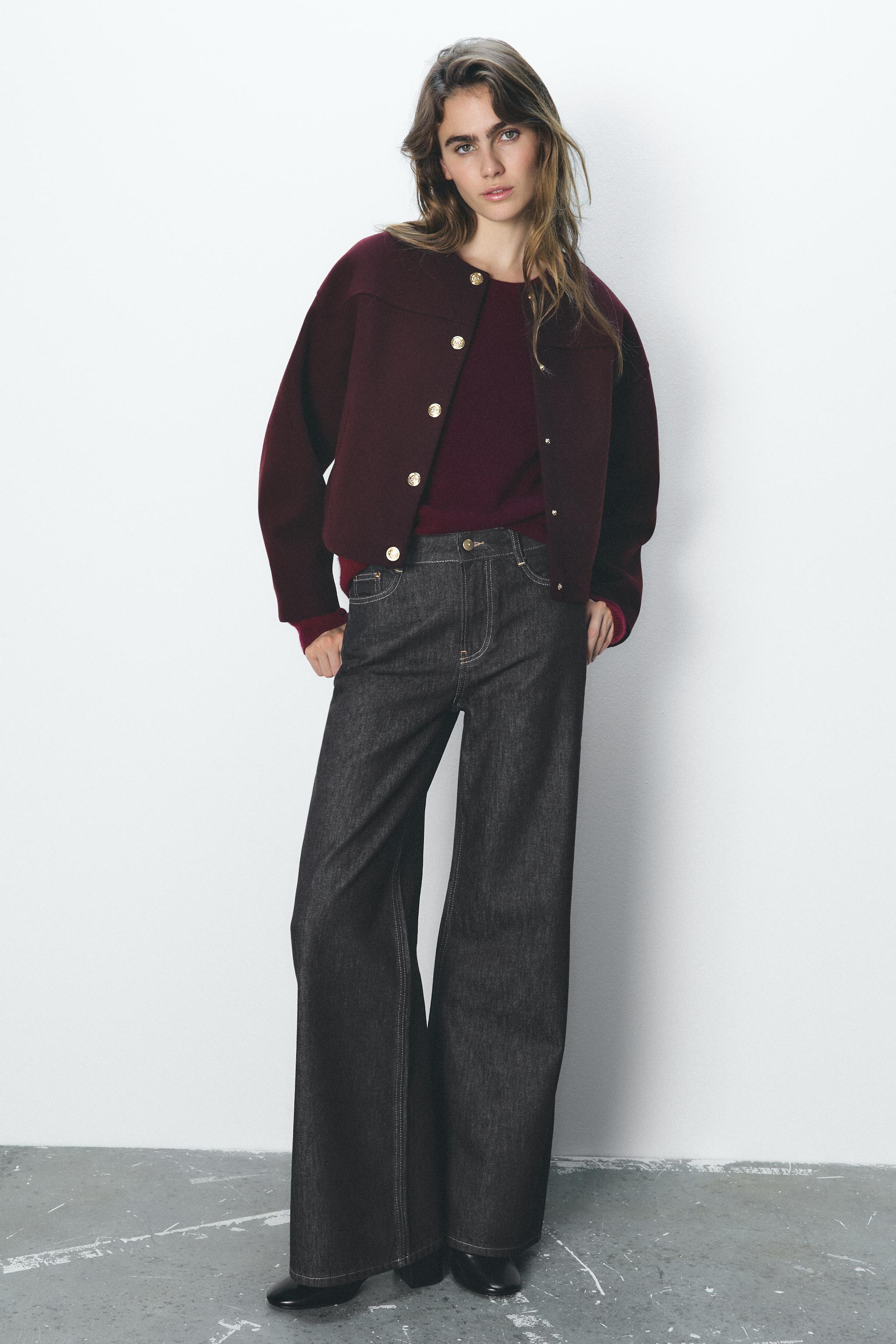 Burgundy Jumper With Jean Jacket SOFT JACKET WITH GOLD BUTTONS