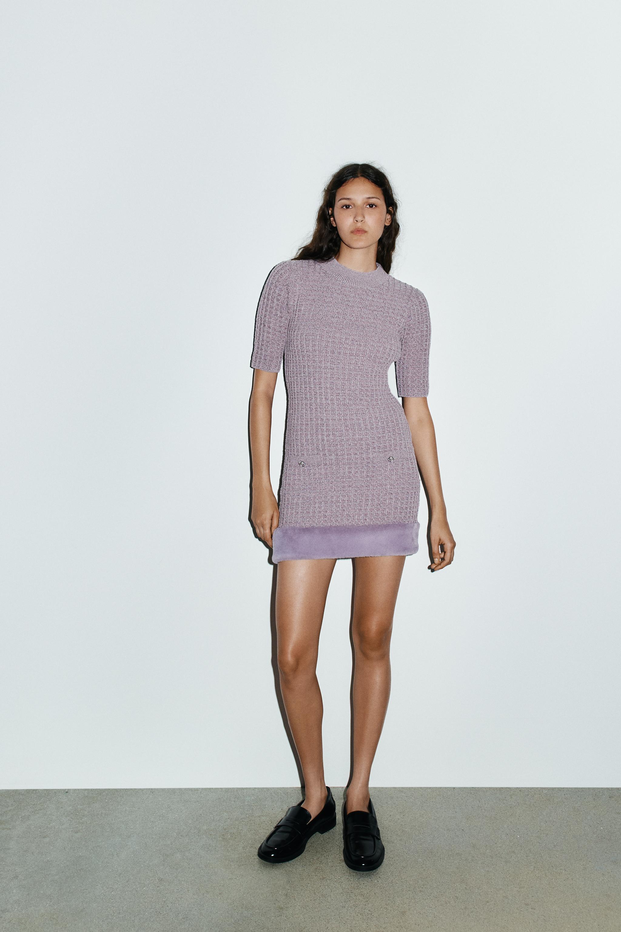 フェイクファー付きテクスチャーワンピース - パープル | ZARA