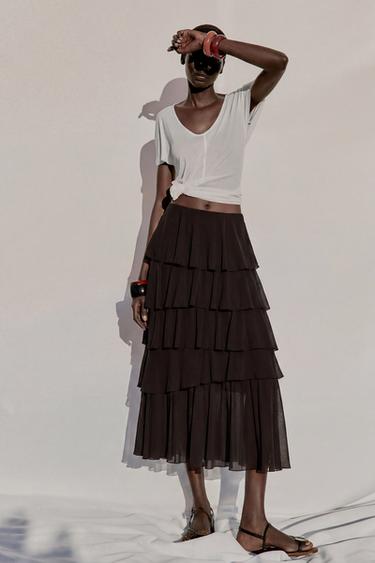Zara RUFFLED MIDI SKIRT - Dark brown
