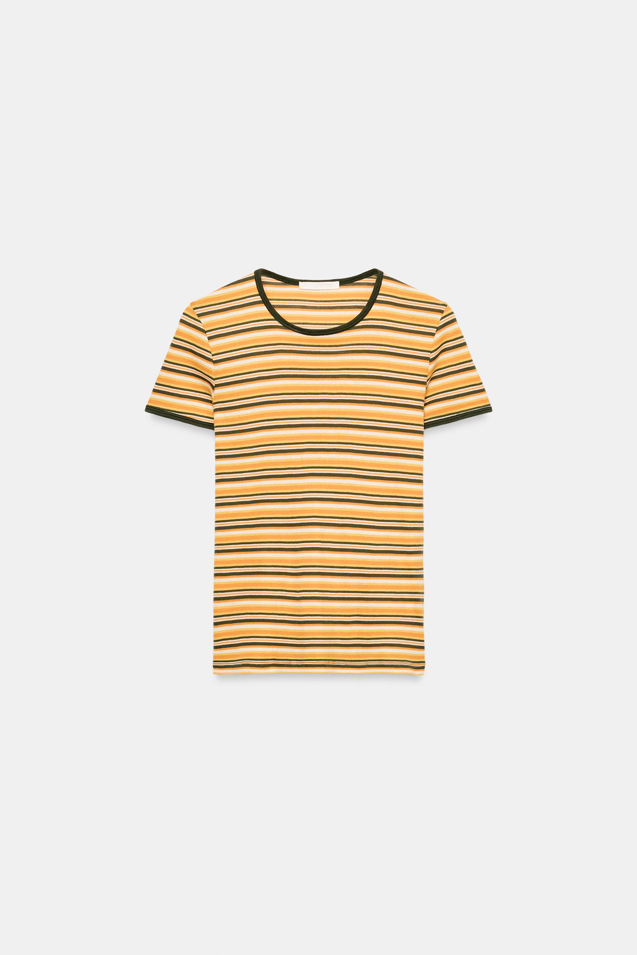 トップス sculptor Button Stripe Tee Yellow CONTRASTING STRIPED T-SHIRT - Yellow | ZARA United States