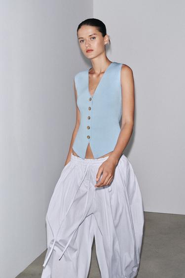 Zara SMOOTH KNIT VEST TOP - Mid-blue