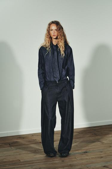 PLEATED DENIM-EFFECT TROUSERS - Dark indigo by Zara - Image 0