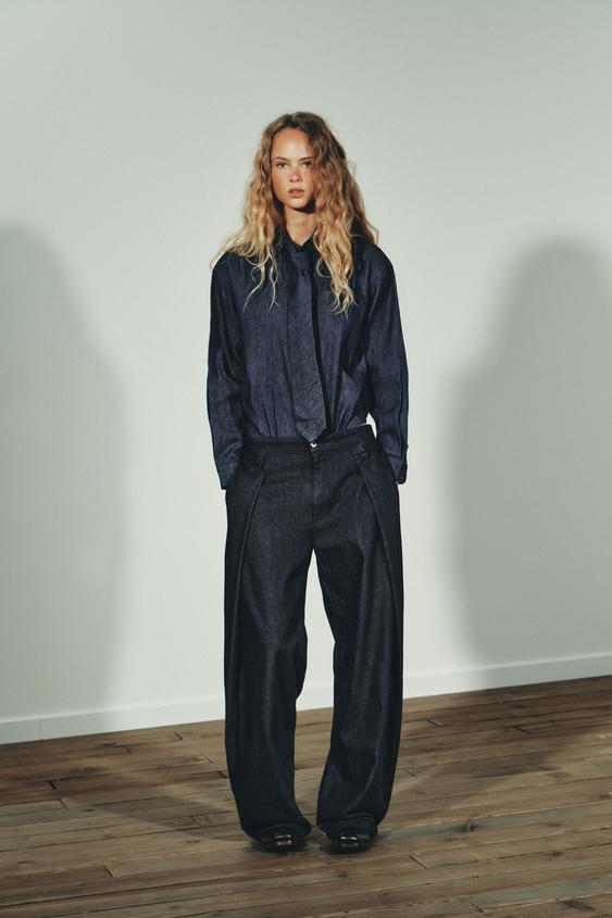PLEATED FAUX DENIM PANTS