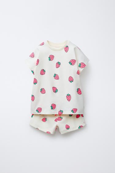 Zaras SET MED T-SHIRT OCH RIBBADE SHORTS MED TRYCK - Rosa