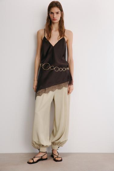 TOP LENCERO SATINADO ENCAJE - Marrón de Zara