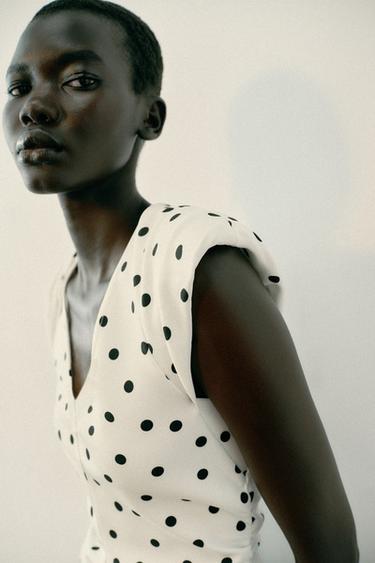 Zara POLKA DOT SHOULDER PAD TOP - Ecru / Black