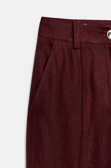 STRAIGHT-LEG LINEN BLEND TROUSERS - Burgundy by Zara - Image 8