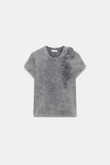 Zara WASHED EMBOSSED FLOWER T-SHIRT - Gray