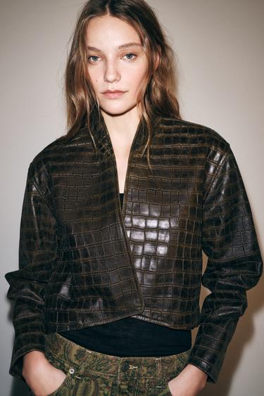 ZW COLLECTION 100% LEATHER DISTRESSED CROPPED JACKET — Brown 1