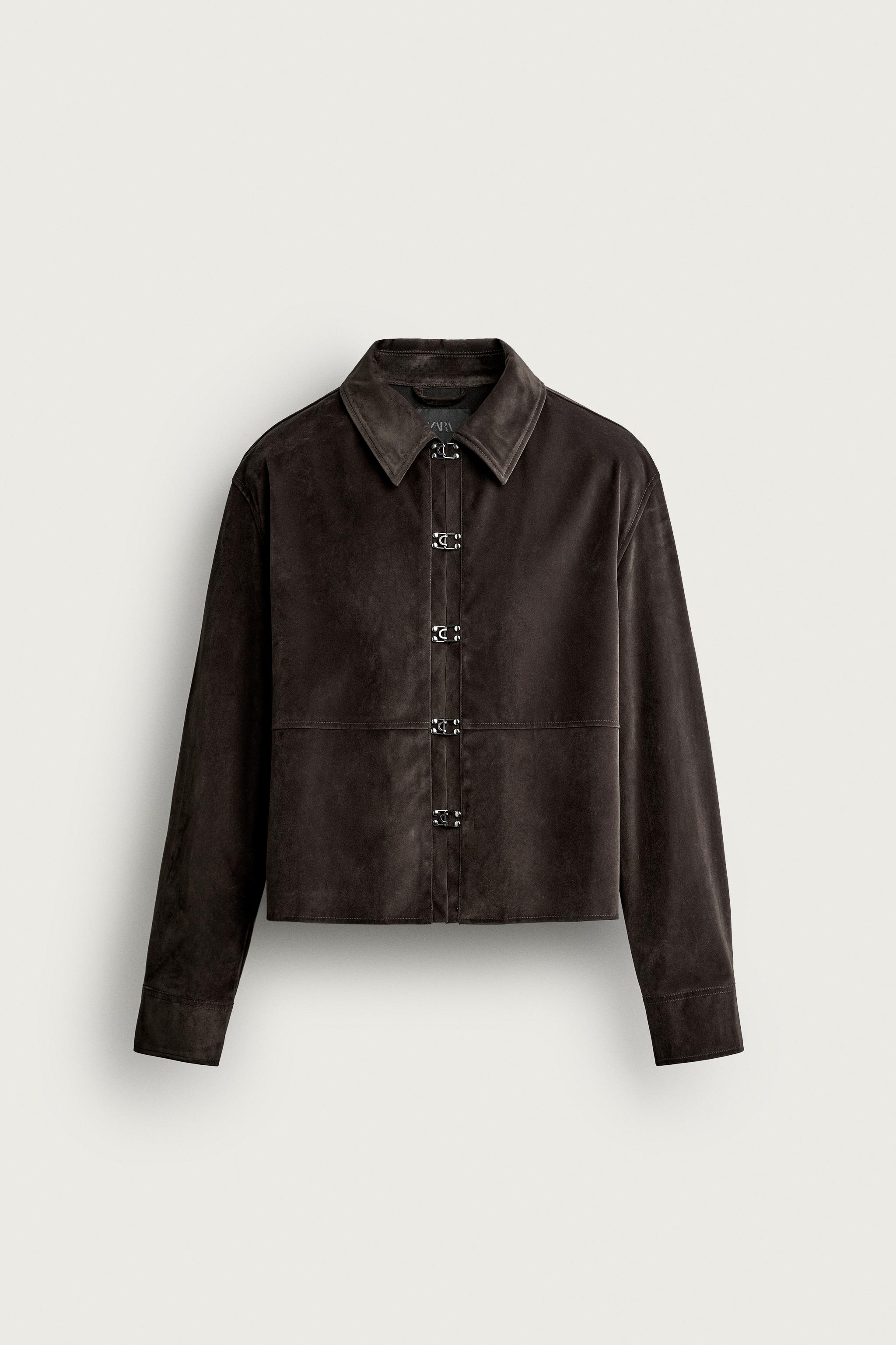 CROPPED FAUX LEATHER JACKET WITH HOOKS