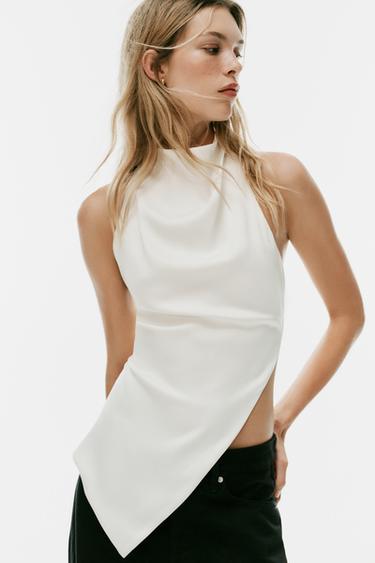 TOP SATINADO HALTER ASIMÉTRICO - Blanco roto de Zara