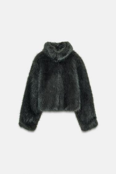 Zara SHORT FAUX FUR TOGGLE COAT - Dark charcoal gray