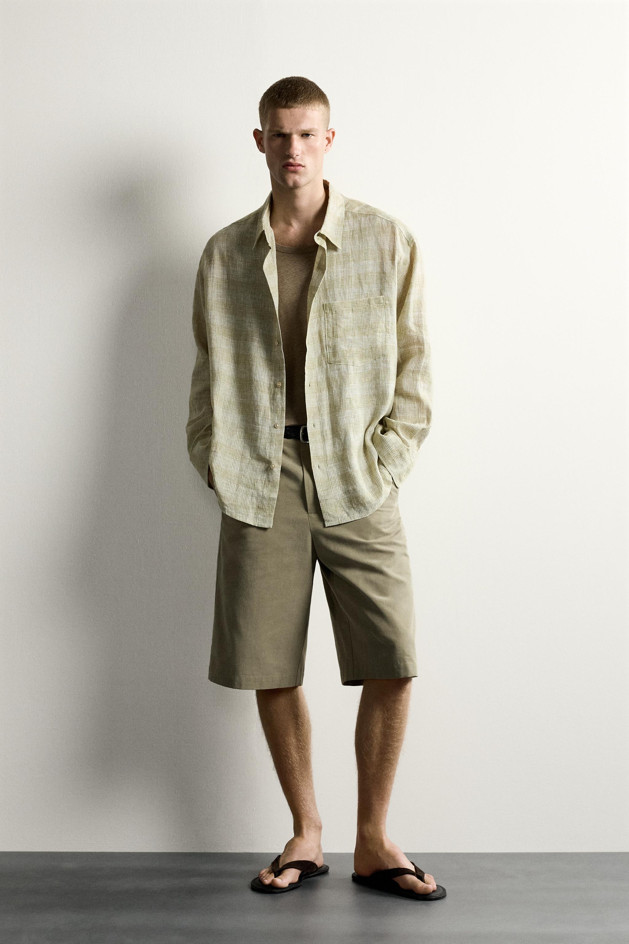 Мужские рубашки Zara 100% LINEN PLAID RELAXED FIT SHIRT