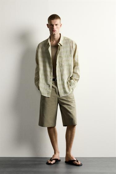 Zara 100% LINEN PLAID RELAXED FIT SHIRT - Greens - Image 0