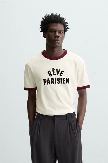 CAMISETA RIB CONTRASTE TEXTO - Crudo de Zara
