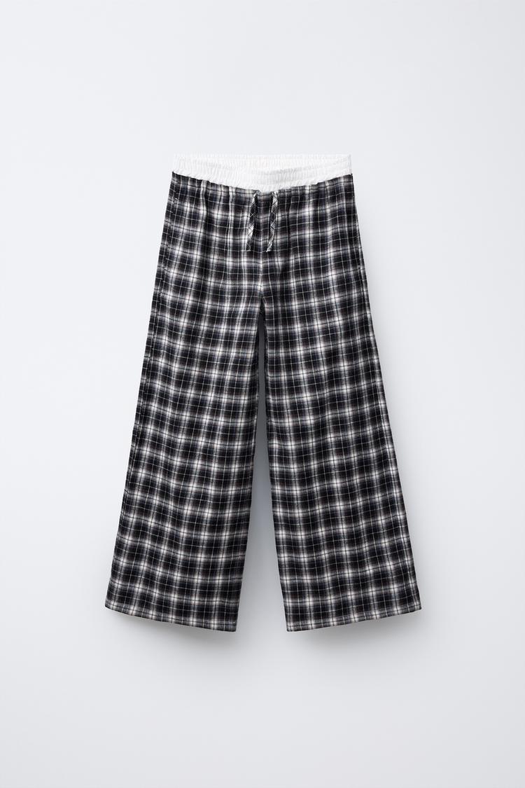 CALÇA COM CÓS DUPLO XADREZ Cru Preto ZARA Brasil
