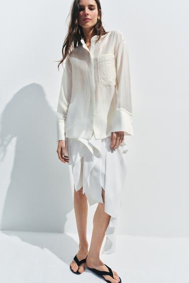 Zara EMBROIDERED POCKET SHIRT ZW COLLECTION - White