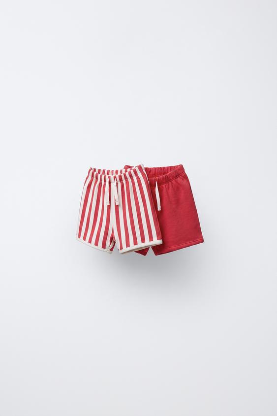PACK OF TWO PLAIN AND STRIPED BERMUDA SHORTS - White / Red by Zara - Image 0
