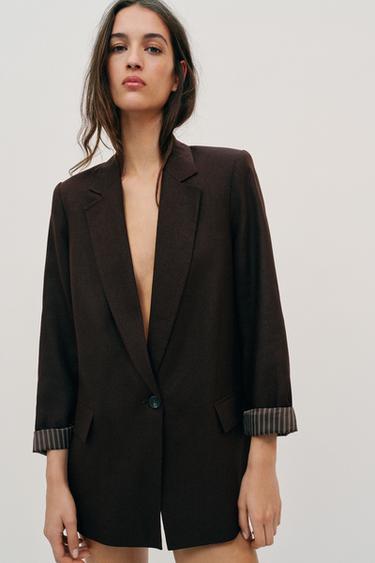 Zara LINEN BLAZER WITH ROLLED SLEEVES - Dark brown