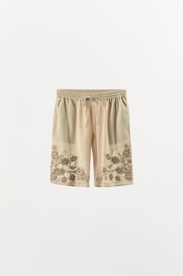 EMBROIDERED BEAD BERMUDA SHORTS - Beige by Zara - Image 4