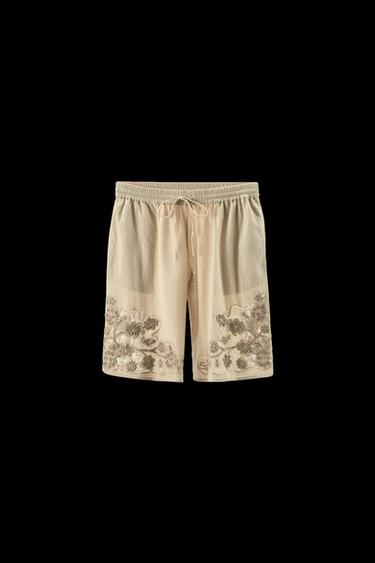 Zara BEADED EMBROIDERED BERMUDA SHORTS - Beige - Image 0