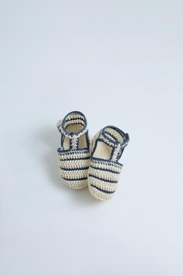 Zara STRIPED COTTON BOOTIES - Off White