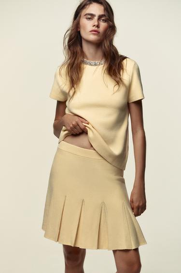 Zara BOX PLEAT KNIT MINI SKIRT - Light yellow