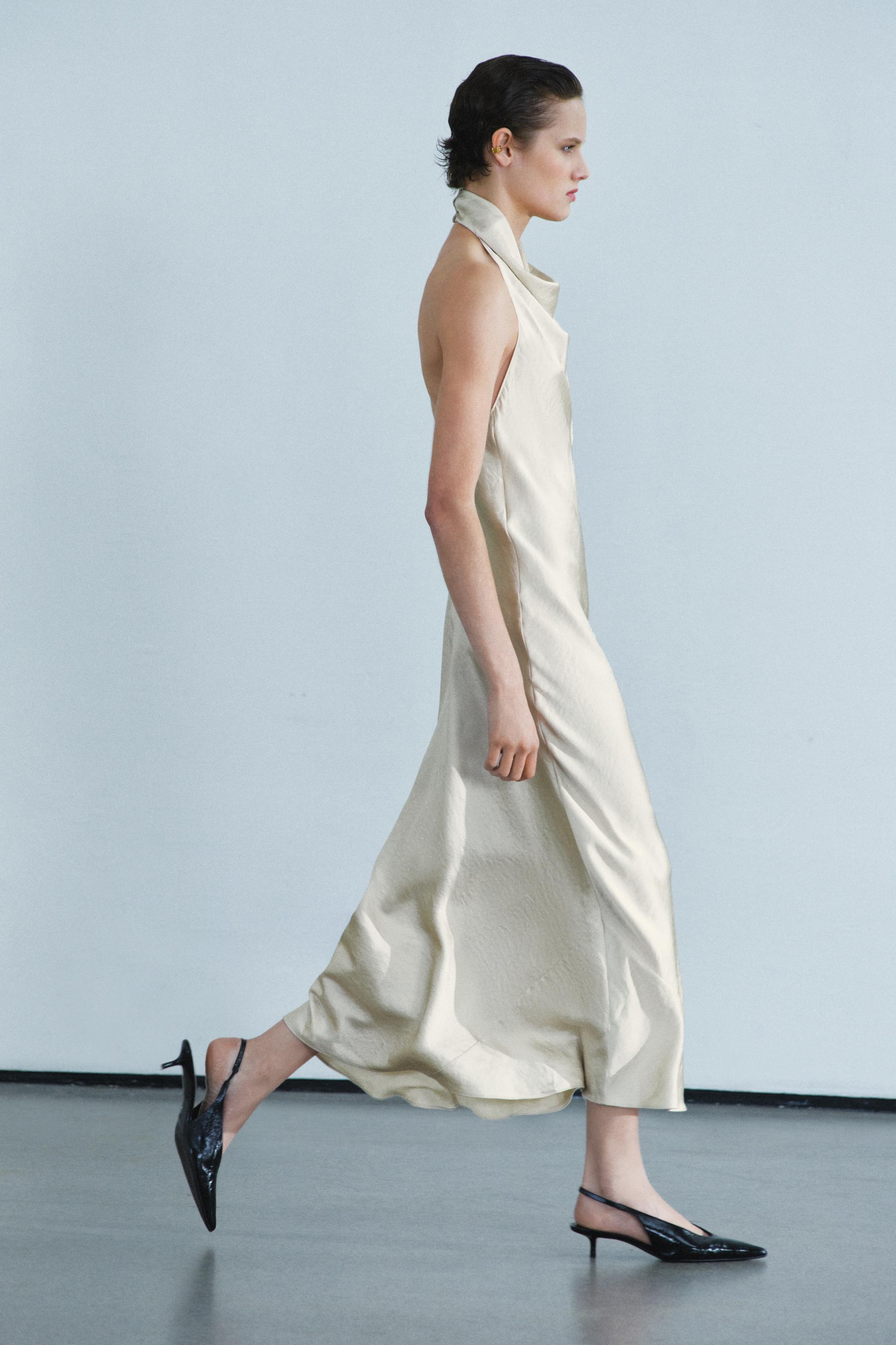 Zara ZW COLLECTION SATEN YÜZEYLİ HALTER MİDİ ELBİSE görsel 4