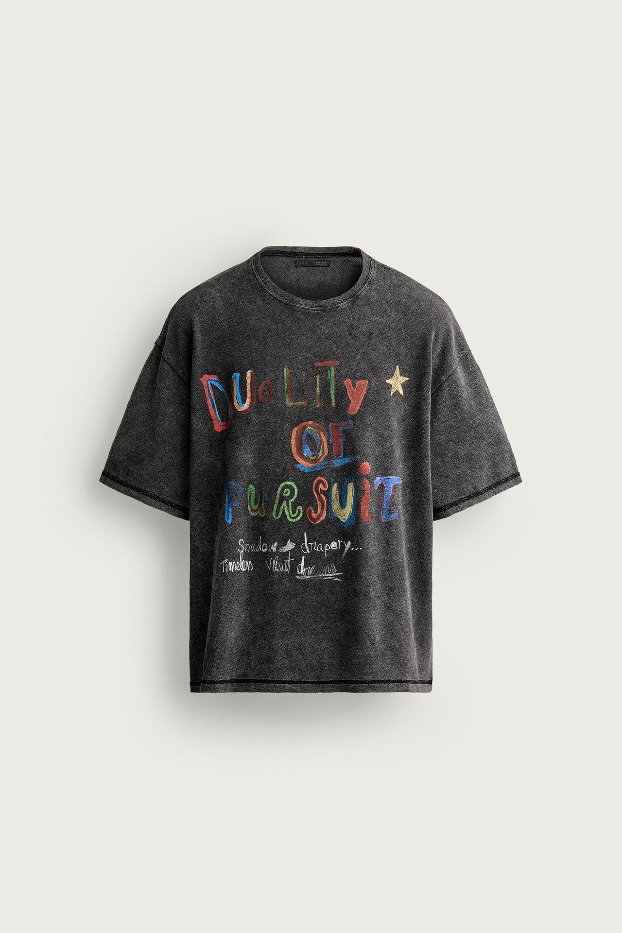 WASHED PRINTED KNIT T-SHIRT — Faded black