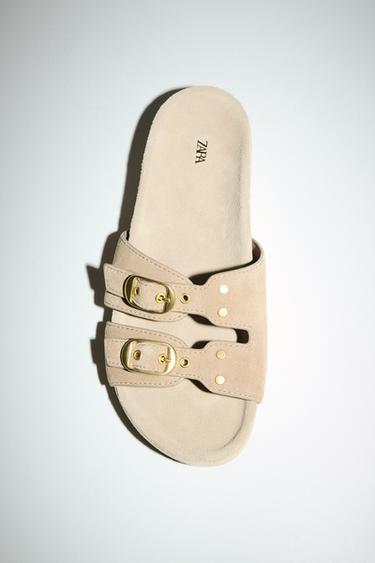 Zara SPLIT LEATHER BUCKLE SANDALS - Beige