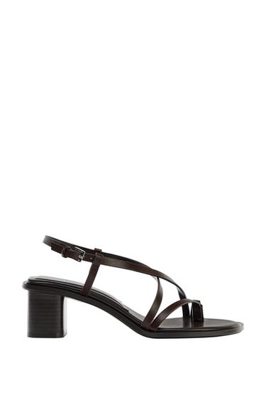 Zara LEATHER WIDE HEEL SANDALS - Brown