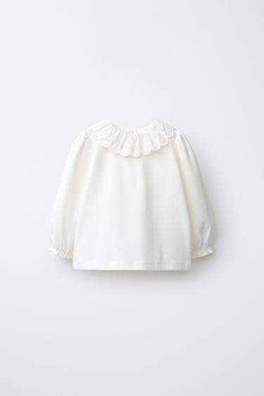 Zara EMBROIDERED PETER PAN COLLAR TOP - Ecru