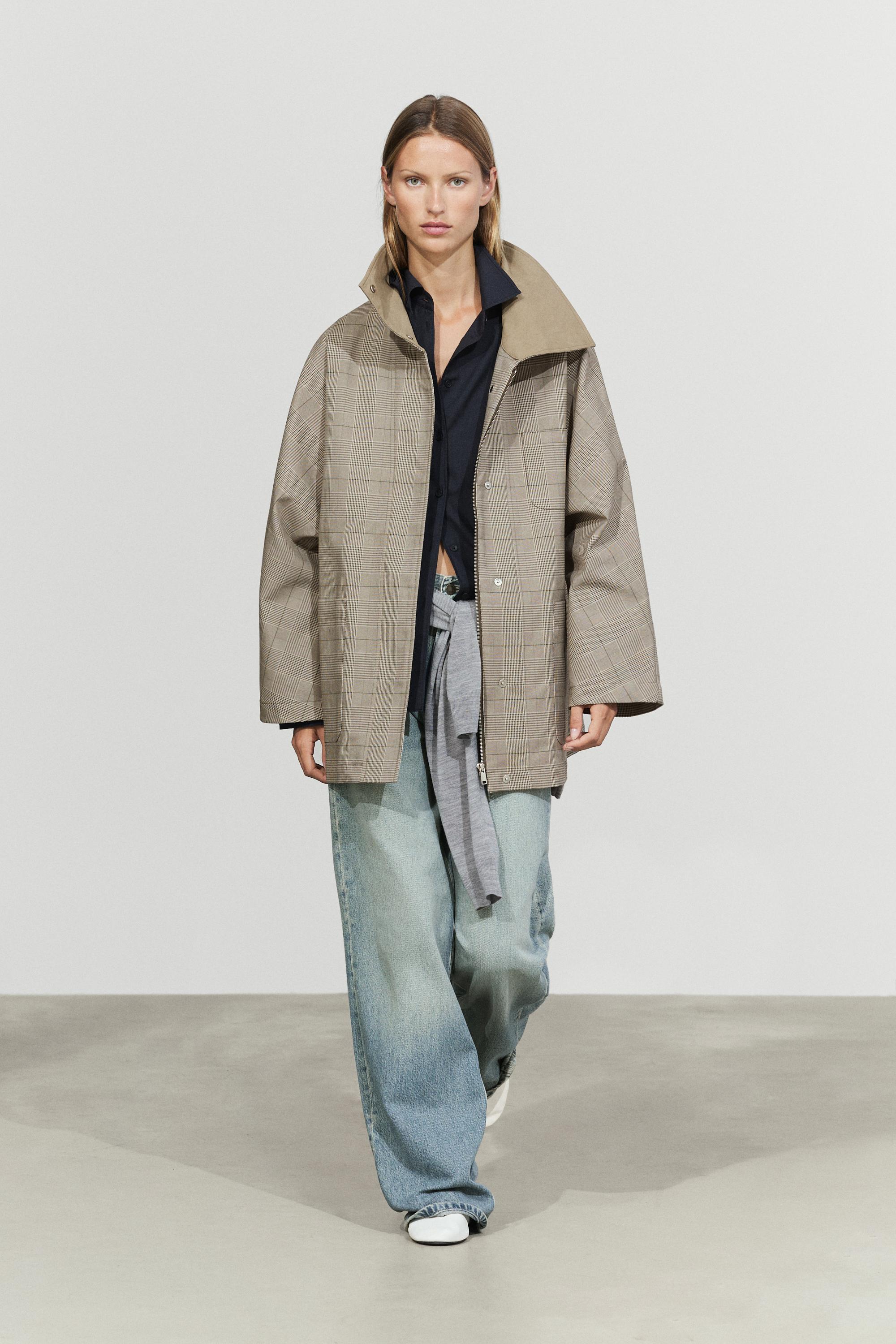 Cotton blend plaid high neck jacket — Khaki