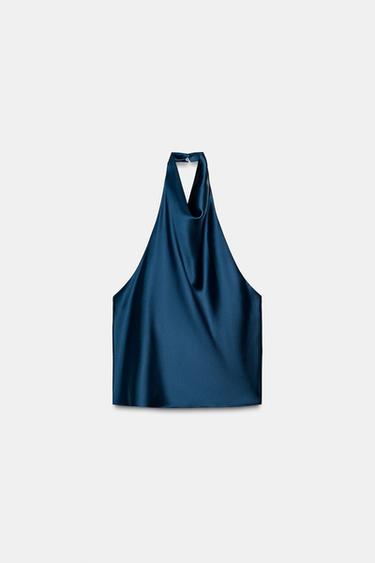 SATIN HALTER TOP - Dark navy by Zara
