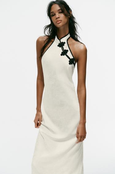 MIDI JACQUARD FROG FASTENING DRESS — Oyster-white 2