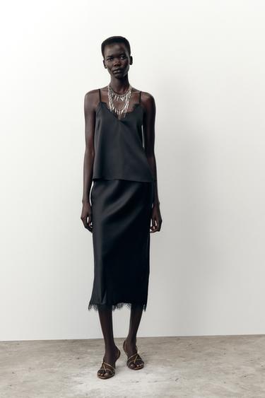 Zara SATIN MIDI LACE SKIRT - Black
