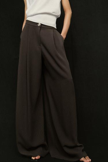 PALAZZO TROUSERS WITH GOLDEN BUTTON - Brown by Zara