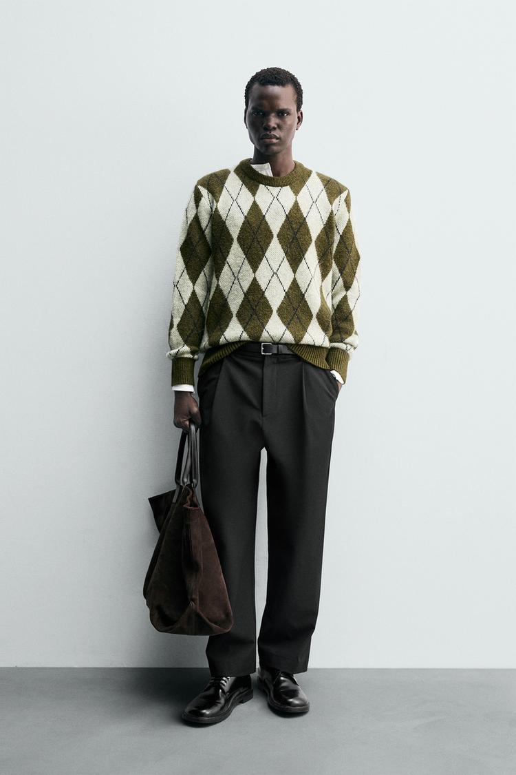 PULLOVER JACQUARD A ROMBI Kaki ZARA Italia Italy