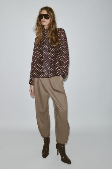 Zara POLKA DOT TIE BLOUSE - Brown / Ecru - Image 0