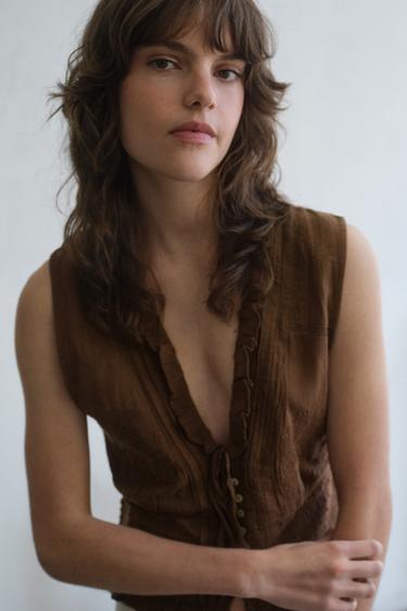 TOP EN GAZE BRODÉ - Marron de Zara - Image 2