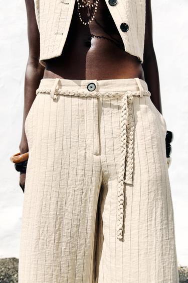 PANTALON RAYÉ CEINTURE TRESSÉE - Sable de Zara - Image 4