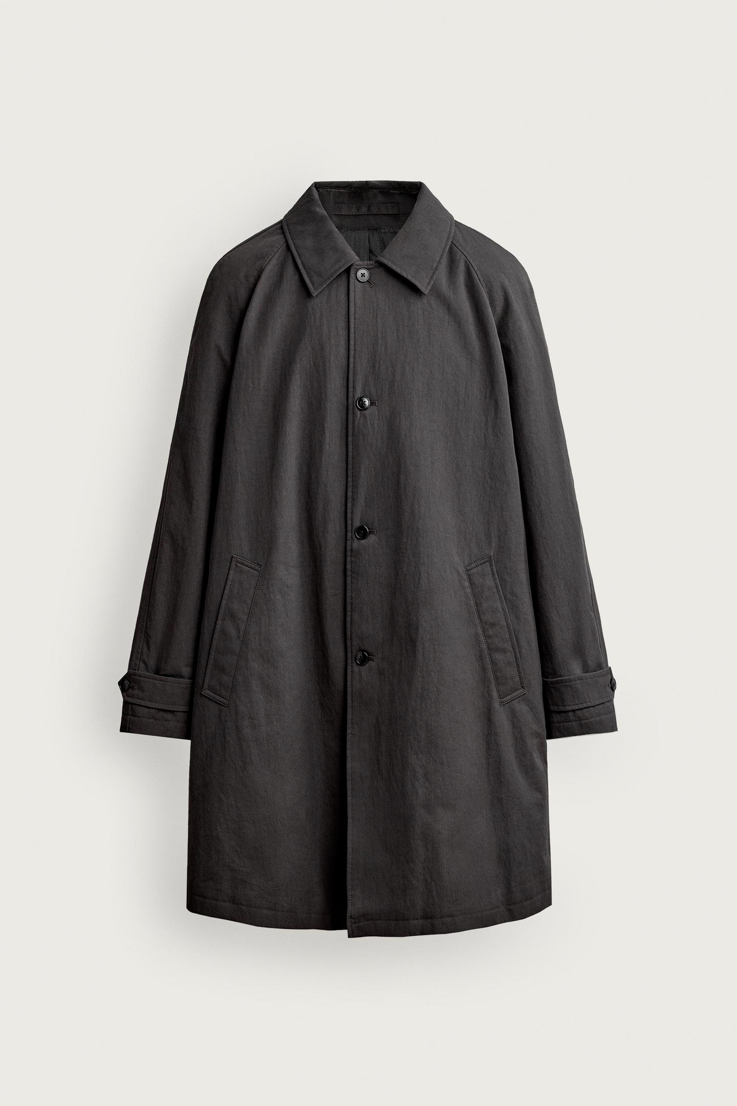 Мужское пальто Zara Water-Repellent Regular Fit Trench, цвет: Антрацитовый серый — фото 8