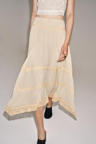 Zara ZW COLLECTION 拼接蕾絲中長裙 - 磨白色
