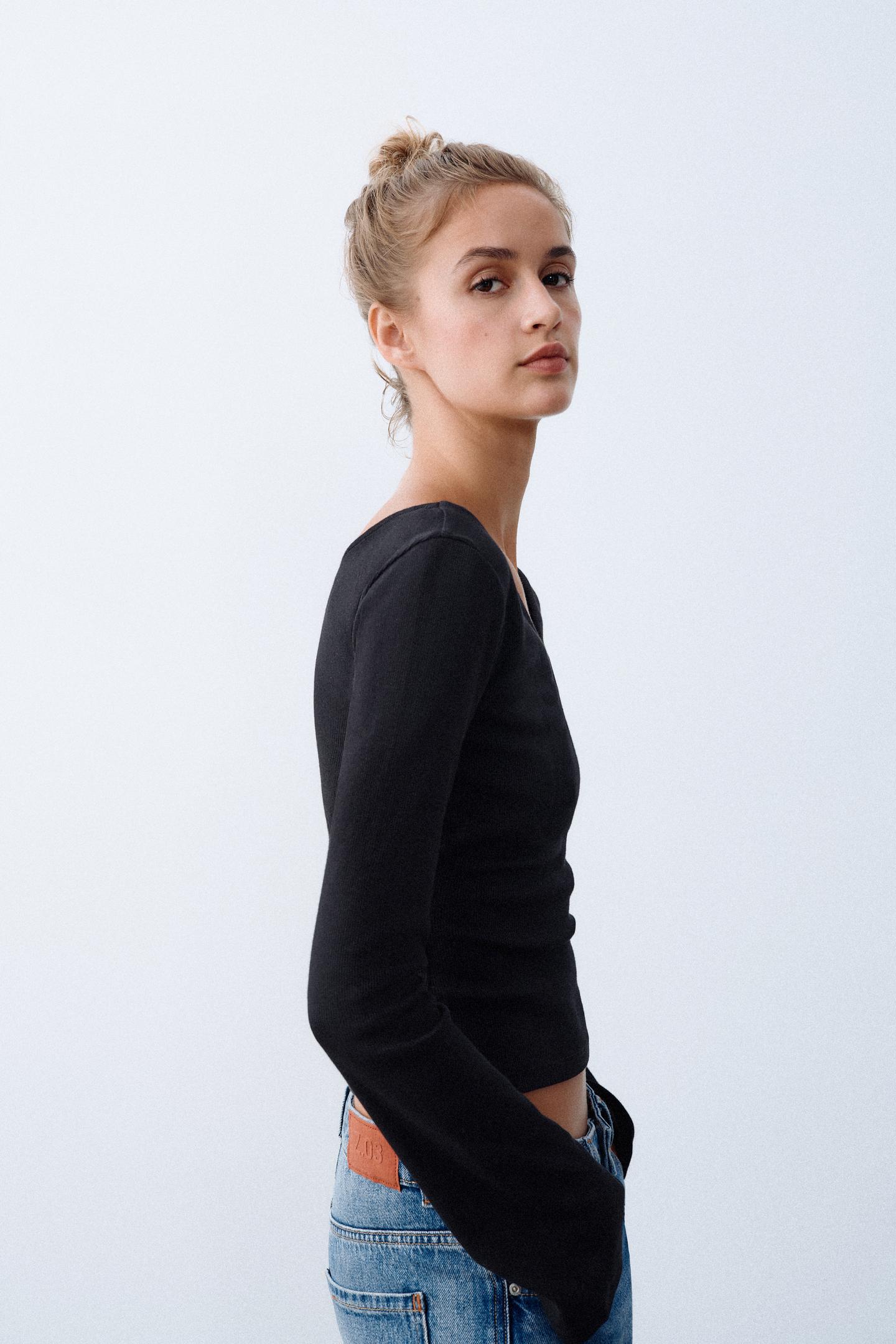 Футболка Zara Ribbed V-NECK, цвет: Чёрный — фото 3