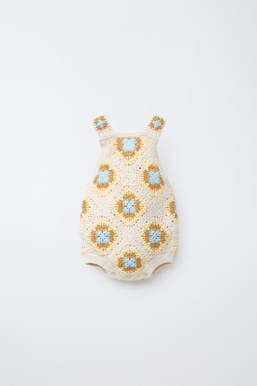 Zara FLORAL CROCHET KNIT ROMPER - Ecru