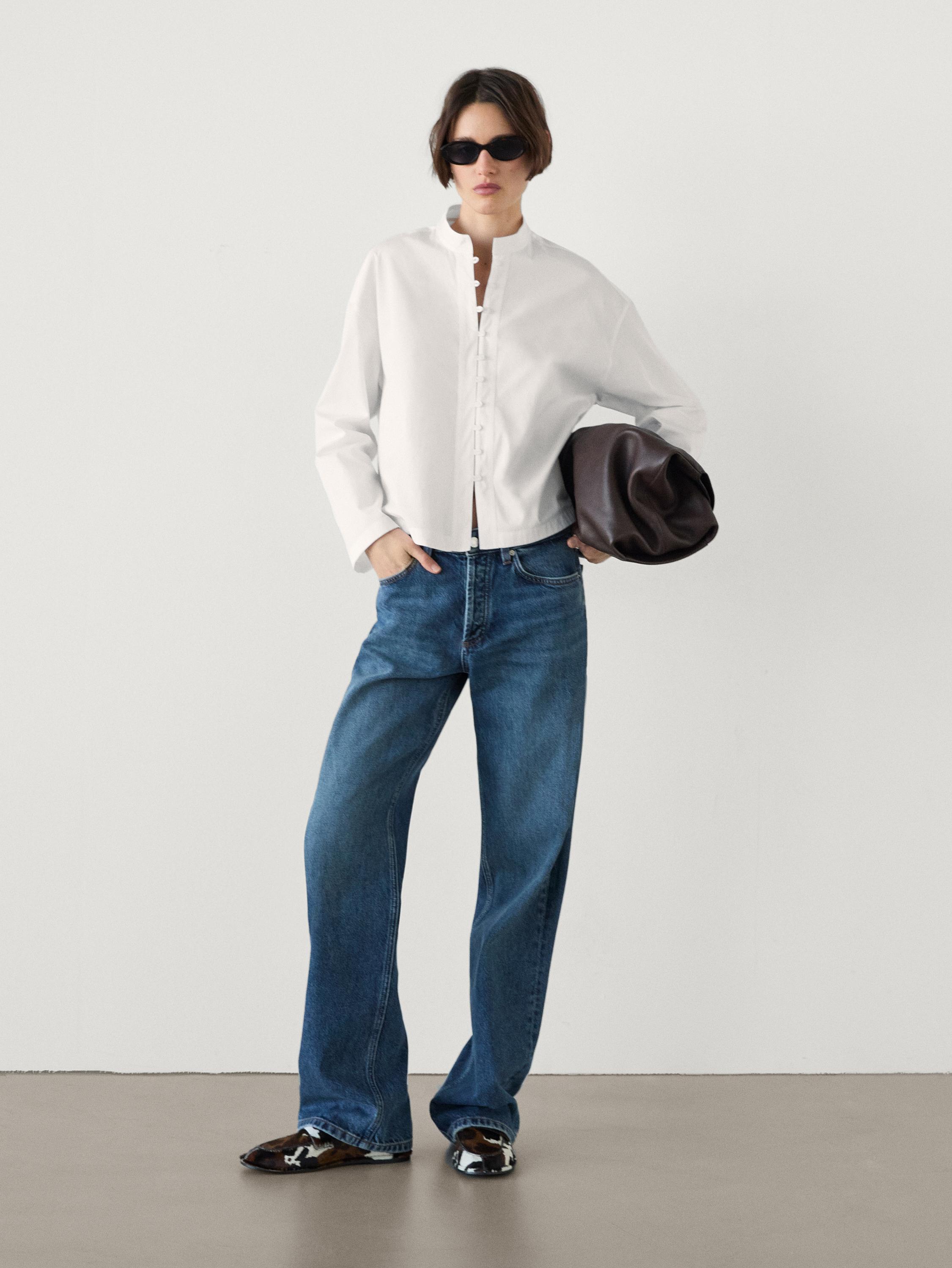Button-up poplin shirt with stand collar - White | ZARA