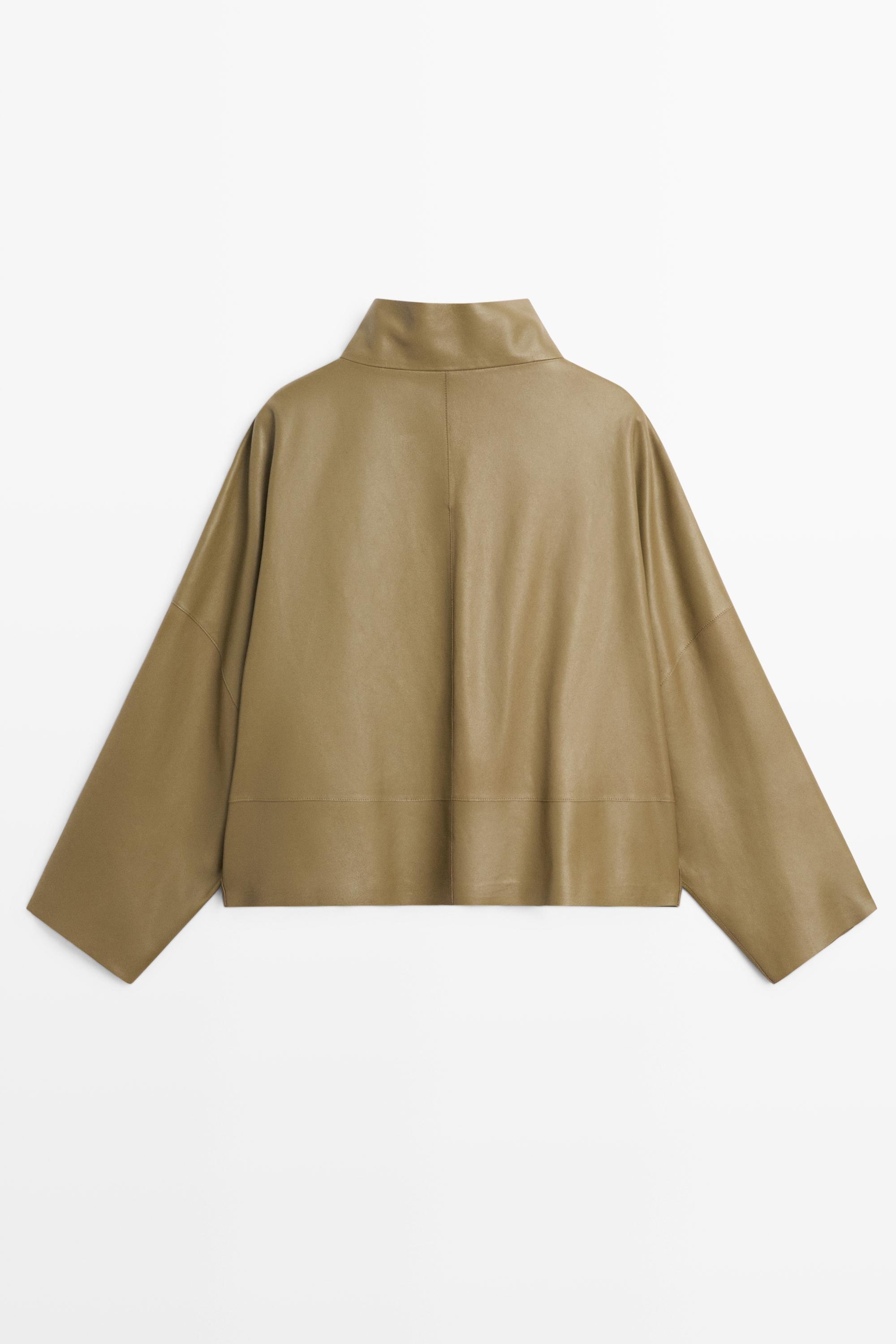 Stand collar nappa leather cropped jacket