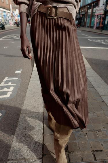 BELTED FAUX SUEDE EFFECT PLEATED MIDI SKIRT - Brown by Zara - Image 2